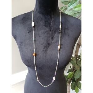 Women Long Beaded Necklace Garnet Amethyst Green Agate Silver Tone Chain
